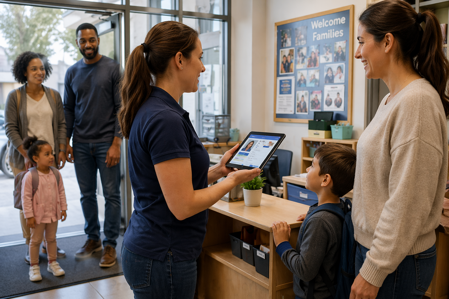 Childcare staff verifying parent identity during secure pick-up at daycare